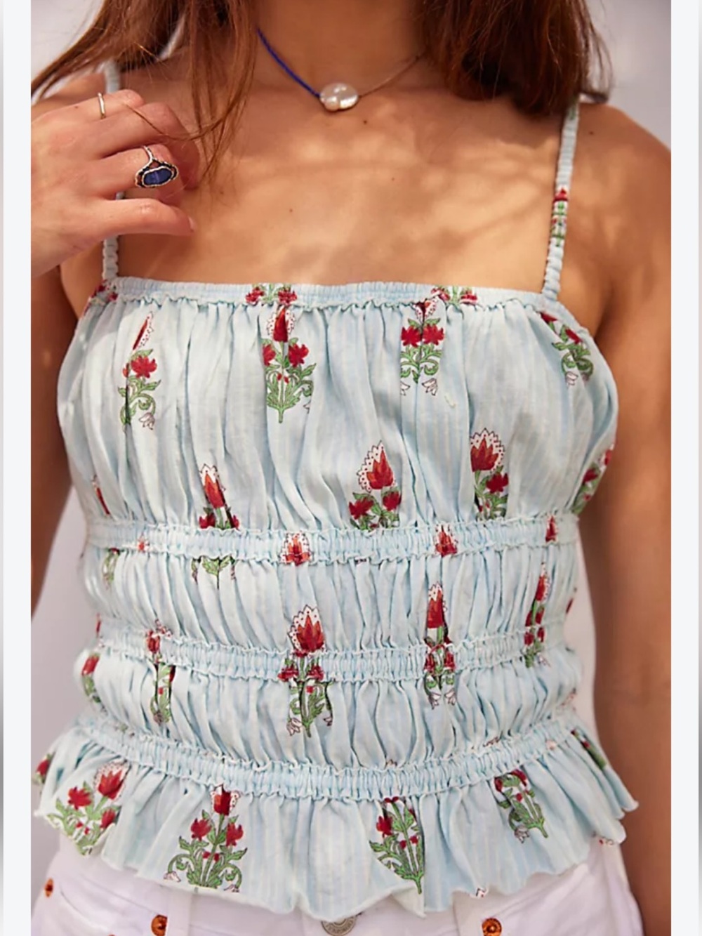 We The Free Dolce Vita Light Blue Smocked Peplum Floral Tank